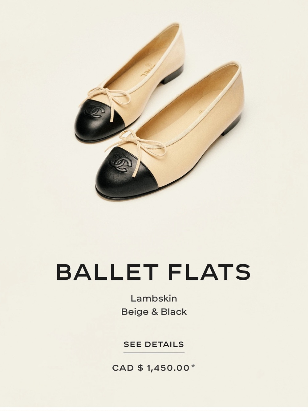 CHANEL Beige Lambskin Ballet Flats with Black Cap Toe